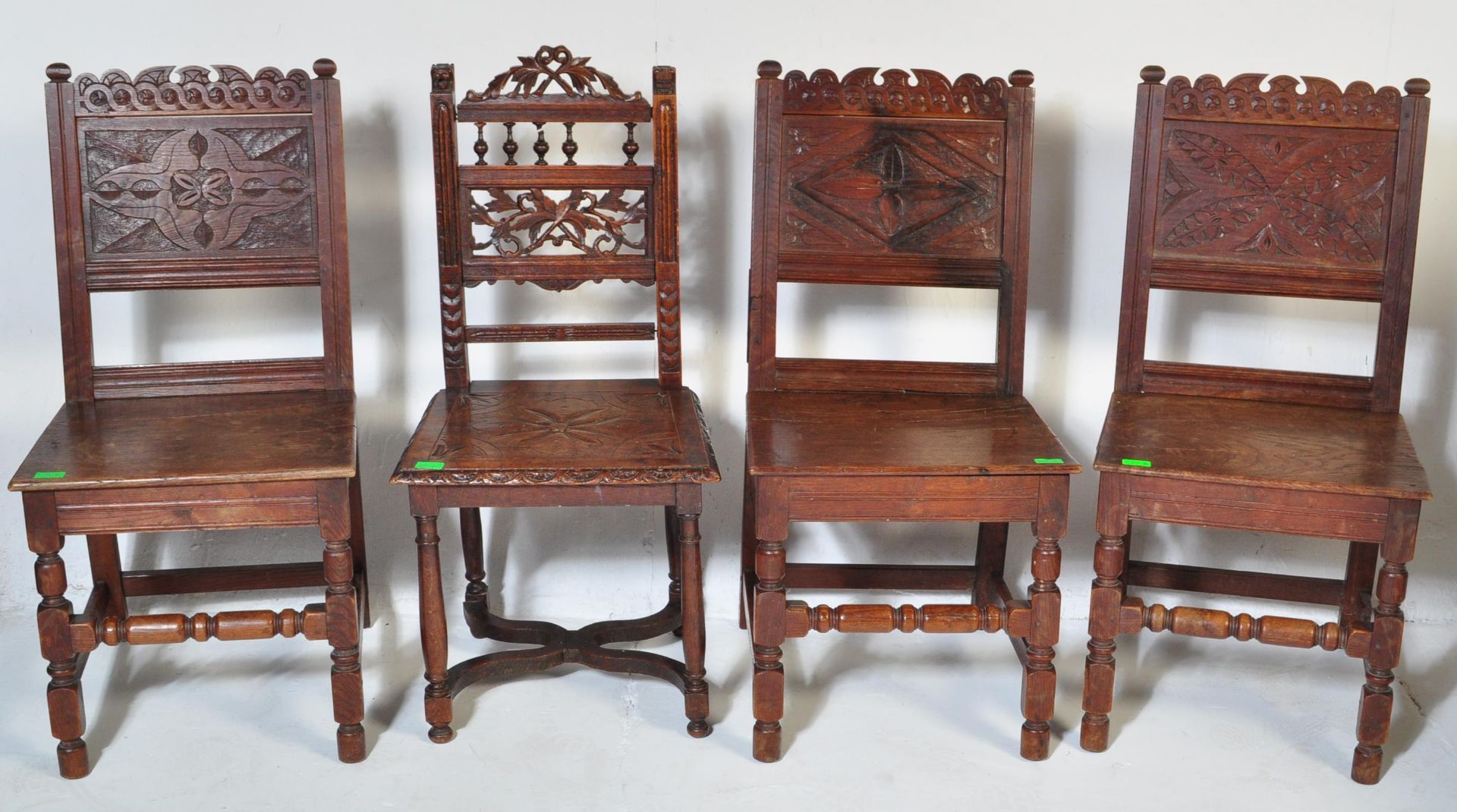 THREE CAROLEAN REVIVAL OAK CARVED DINING CHAIRS T/W ANOTHER - Image 2 of 7