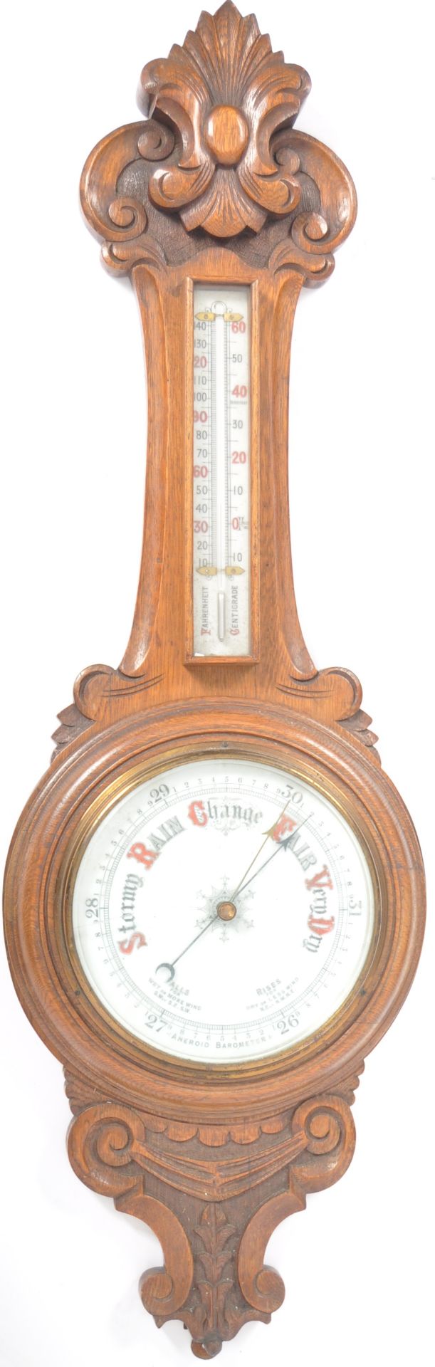 1920'S SOLID OAK LARGE ANEROID BANJO WALL BAROMETER