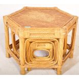 RETRO VINTAGE WICKER BAMBOO HEXAGONAL NEST OF THREE GRADUATING TABLES