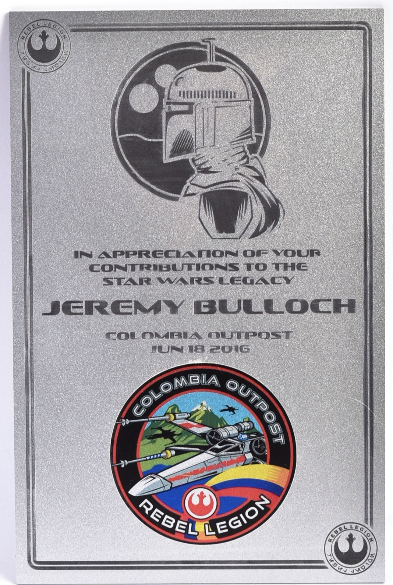 ESTATE OF JEREMY BULLOCH - REBEL LEGION PRESENTATION PLAQUE