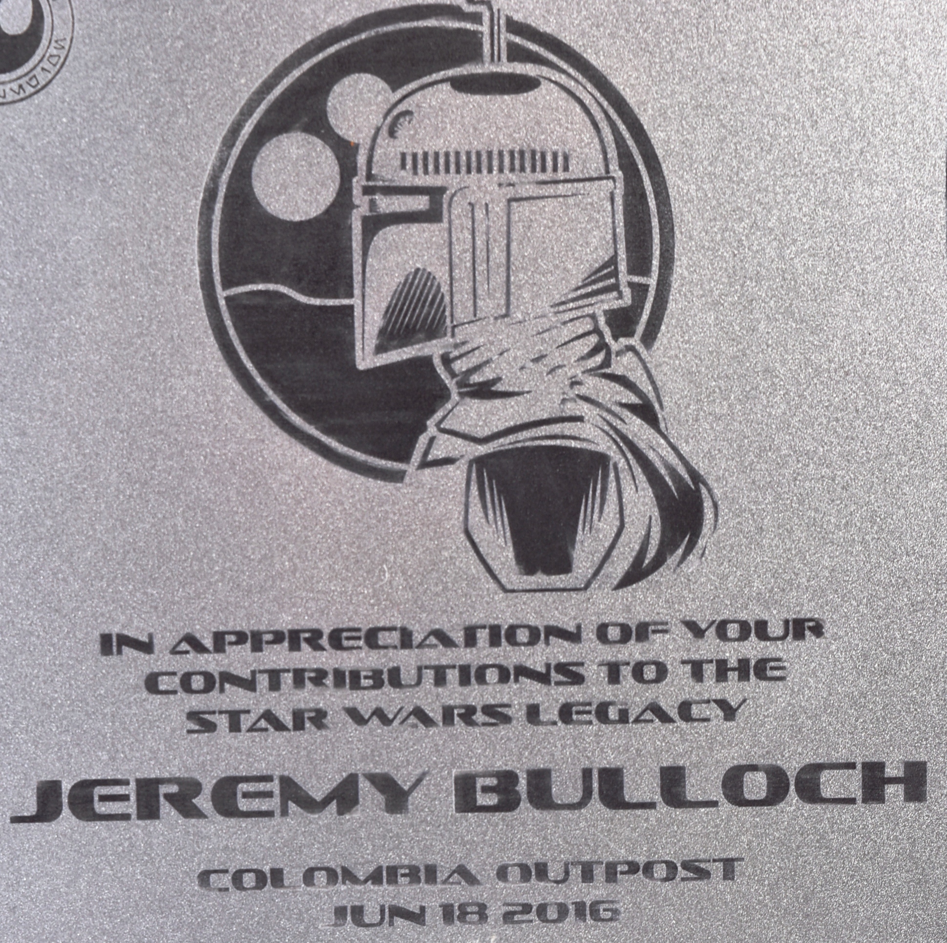 ESTATE OF JEREMY BULLOCH - REBEL LEGION PRESENTATION PLAQUE - Image 2 of 3