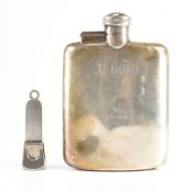 SILVER ENGRAVED HIP FLASK TOGETHER WITH A SILVER CIGAR CUTTER