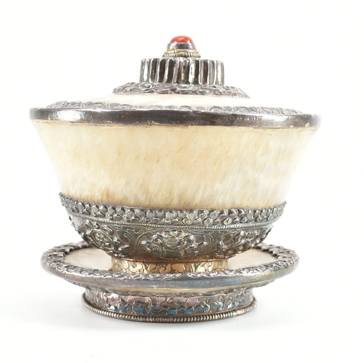 ANTIQUE TIBETAN WHITE HARD STONE CORAL & SILVER LIDDED BOWL - Image 3 of 8