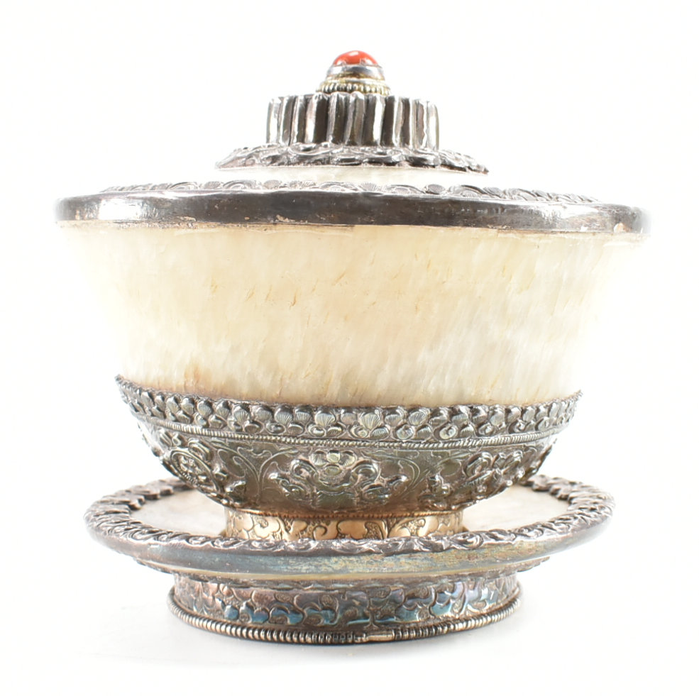 ANTIQUE TIBETAN WHITE HARD STONE CORAL & SILVER LIDDED BOWL - Image 8 of 8