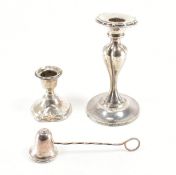 COLLECTION OF ASSORTED HALLMARKED SILVER CANDLESTICKS & SNUFFER