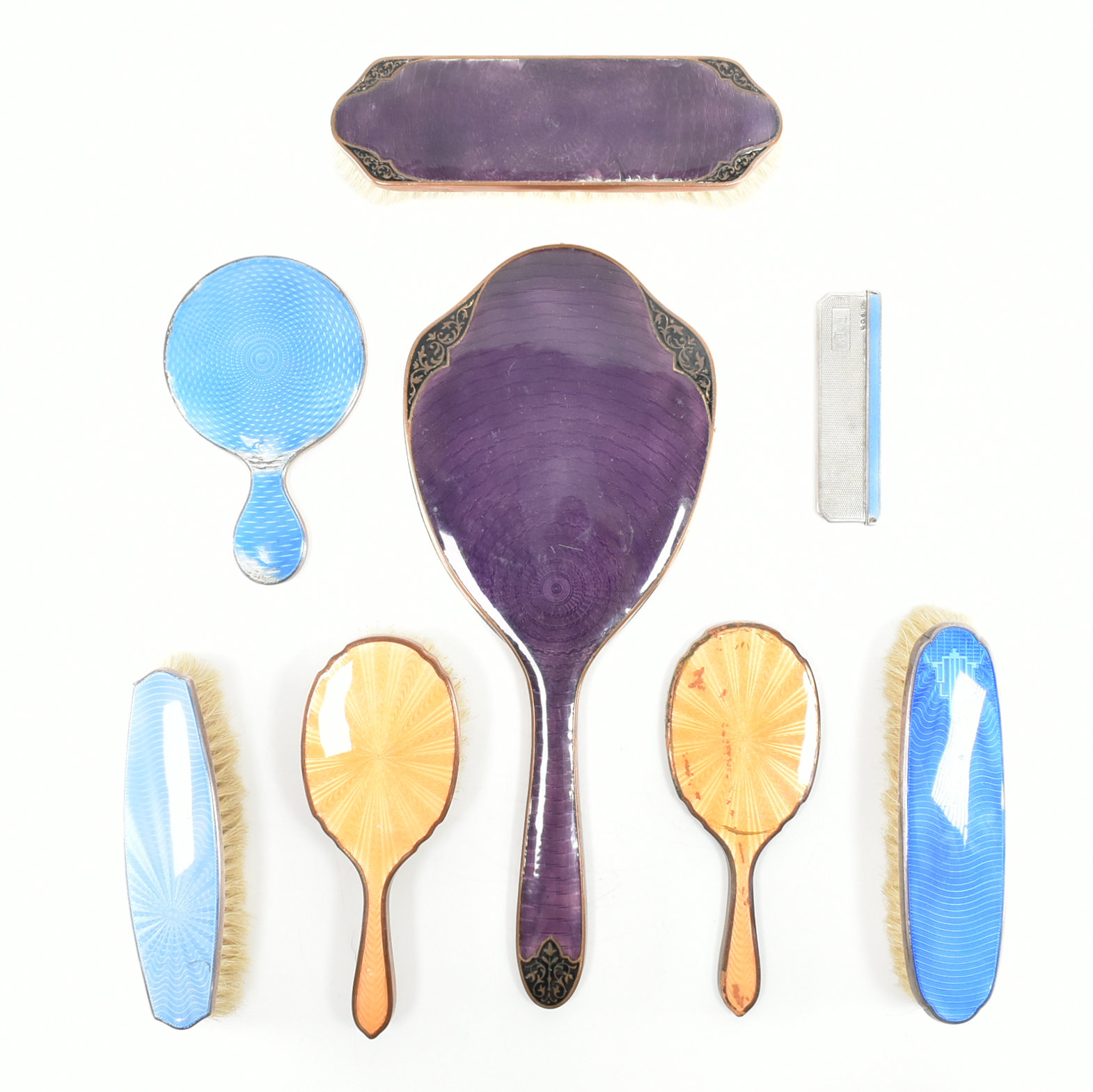 COLLECTION OF ASSORTED GUILLOCHE ENAMEL DRESSING TABLE ITEMS
