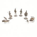 SILVER ORIENTAL TRADER & SOLDIER FIGURINES & BOAT AND RICKSHAW