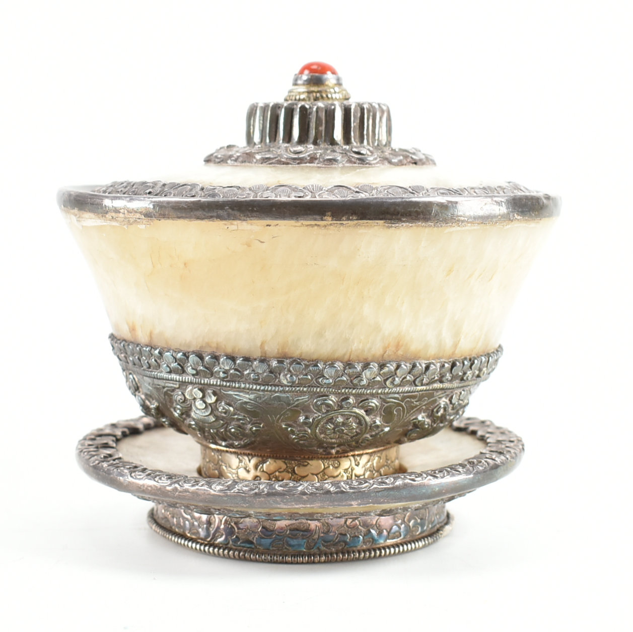 ANTIQUE TIBETAN WHITE HARD STONE CORAL & SILVER LIDDED BOWL