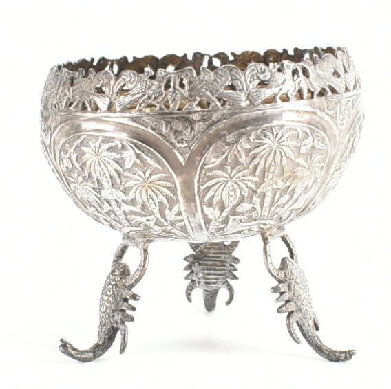 INDIAN SILVER WHITE METAL REPOUSSÉ FOOTED BOWL