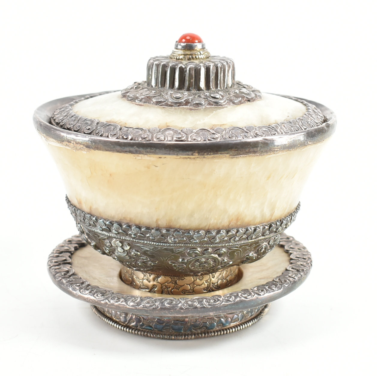 ANTIQUE TIBETAN WHITE HARD STONE CORAL & SILVER LIDDED BOWL - Image 2 of 8