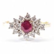 HALLMARKED 18CT GOLD DIAMOND & RED STONE CLUSTER RING