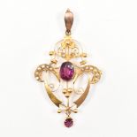 9CT GOLD GARNET & SEED PEARL ART NOUVEAU NECKLACE PENDANT