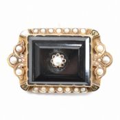 ANTIQUE 15CT GOLD PEARL & ONYX MOURNING BROOCH