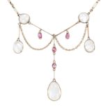 EDWARDIAN GOLD MOONSTONE & RUBY FESTOON COLLAR NECKLACE