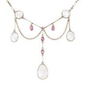 EDWARDIAN GOLD MOONSTONE & RUBY FESTOON COLLAR NECKLACE