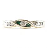 HALLMARKED 9CT WHITE GOLD DIAMOND & EMERALD CROSSOVER RING