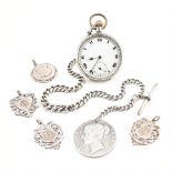 HALLMARKED SILVER ALBERT POCKET WATCH CHAIN TOGETHER WITH FOB MEDALS & POCKET WATCH