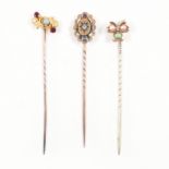 THREE ANTIQUE GOLD & GEM SET STICK PINS