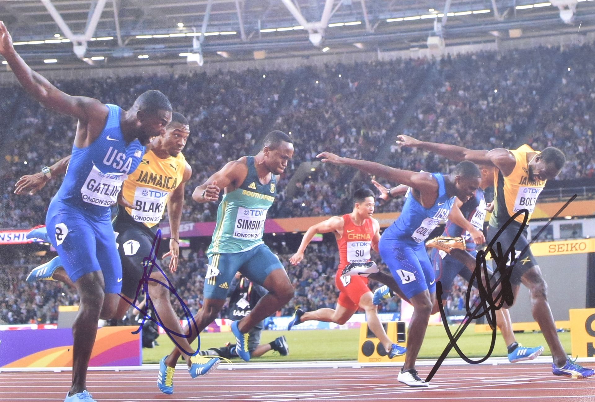 SPORT - USAIN BOLT & JUSTIN GATLIN - SIGNED 11X14" PHOTO - AFTAL