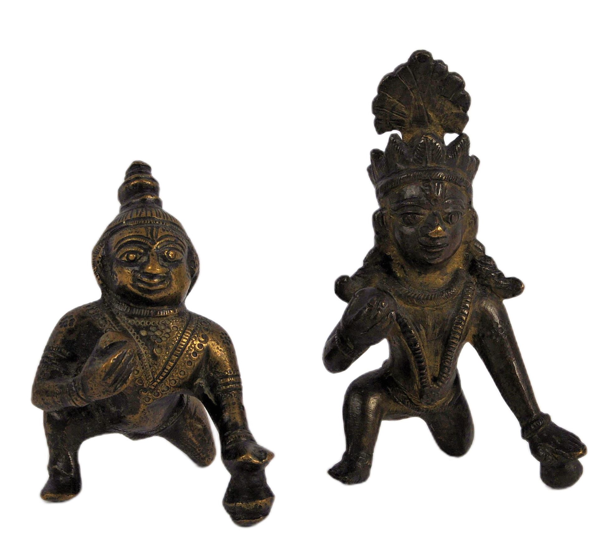 TWO ANTIQUE 19TH / 20TH INDIAN HINDU BRONZE FIGURINES OF KRISHNA