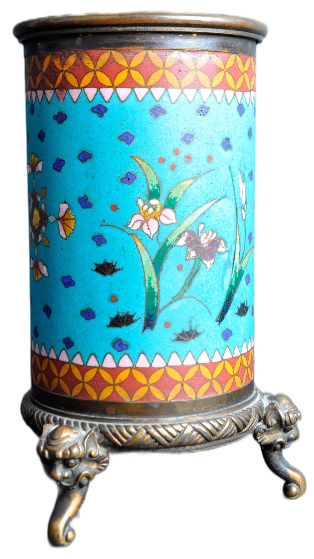 19TH CENTURY CHINESE CLOISONNE & BRONZE BRUSH POT