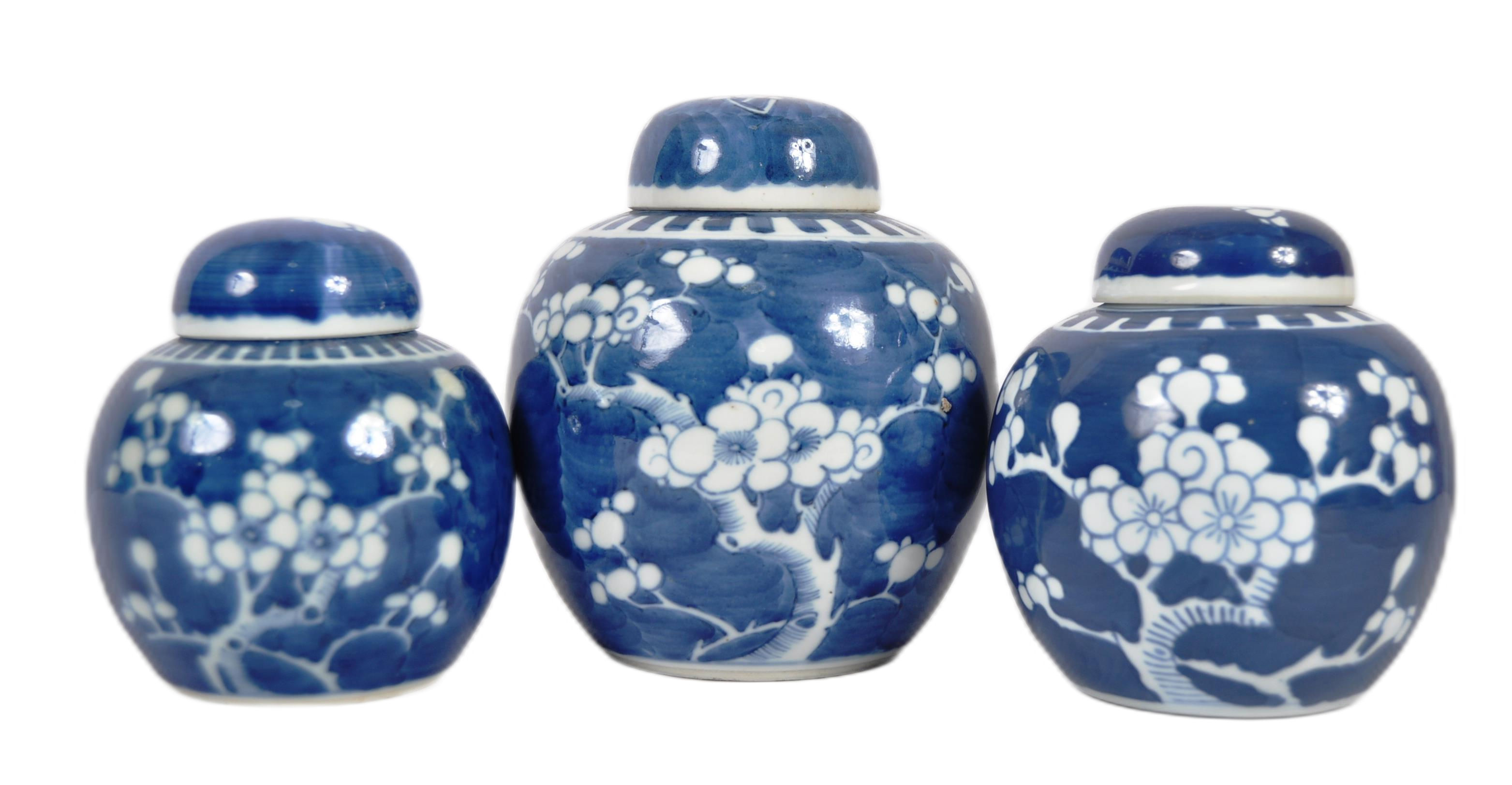 TRIO OF EARLY 20TH CENTURY CHINESE PRUNUS GINGER JARS