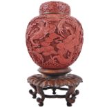 LARGE CINNABAR LACQUER GINGER JAR ON STAND