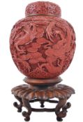 LARGE CINNABAR LACQUER GINGER JAR ON STAND