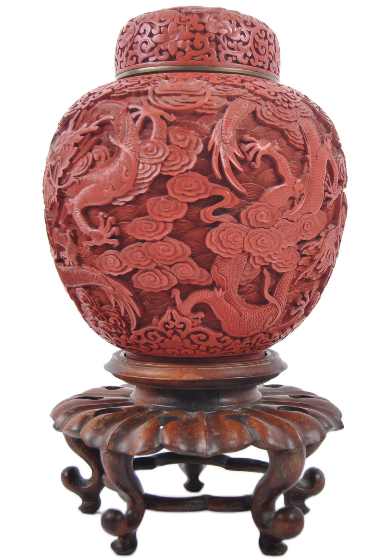 LARGE CINNABAR LACQUER GINGER JAR ON STAND