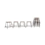 EIGHT RETRO VINTAGE METAL & WOOD REFECTORY BAR SIDE STOOLS