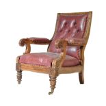 WILLIAM IV ENGLISH CARVED OAK AND LEATHER LIBRARY CHAIR