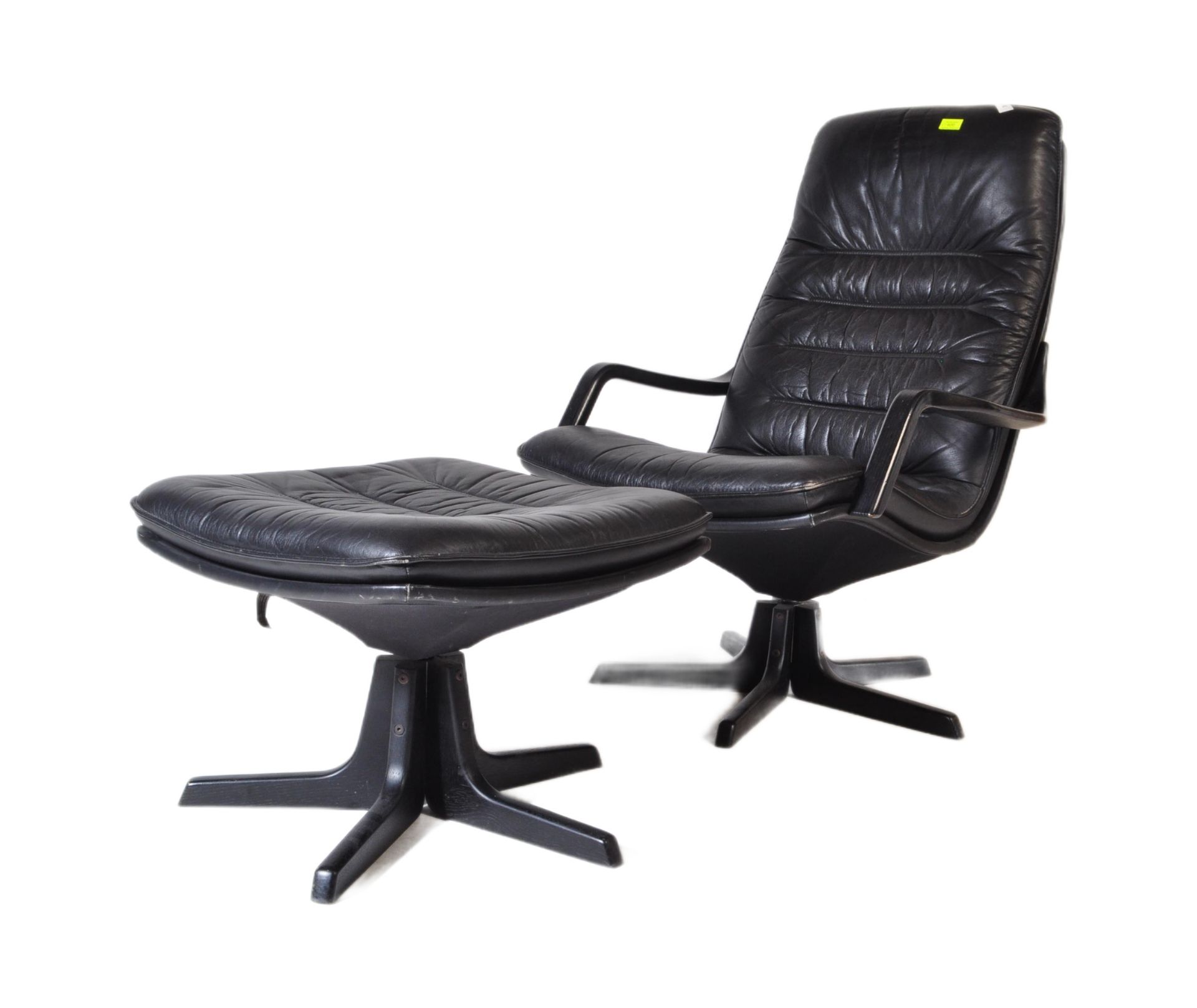 RETRO 20TH CENTURY BLACK LEATHER SWIVEL CHAIR & FOOTSTOOL