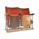 PAIR OF VINTAGE CAST IRON & UPHOLSTERED THEATRE STALL SEATS