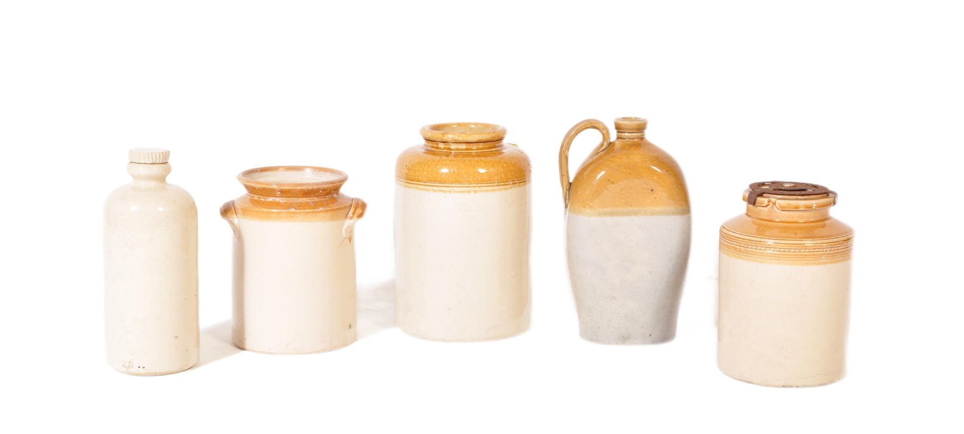 FIVE VICTORIAN & LATER STONEWARE FLAGONS