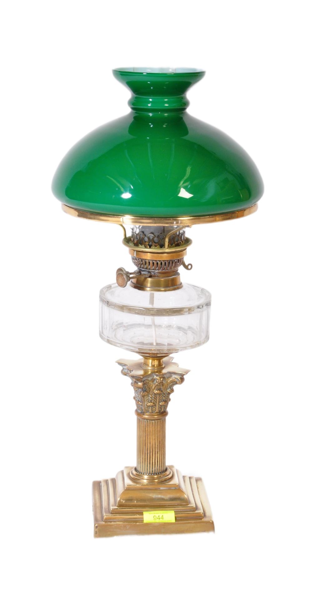 20TH CENTURY BRASS & GLASS OIL TABLE LAMP