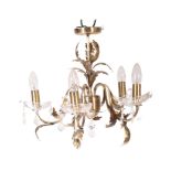 VINTAGE 20TH CENTURY METAL & GLASS FIVE BRANCH CHANDELIER