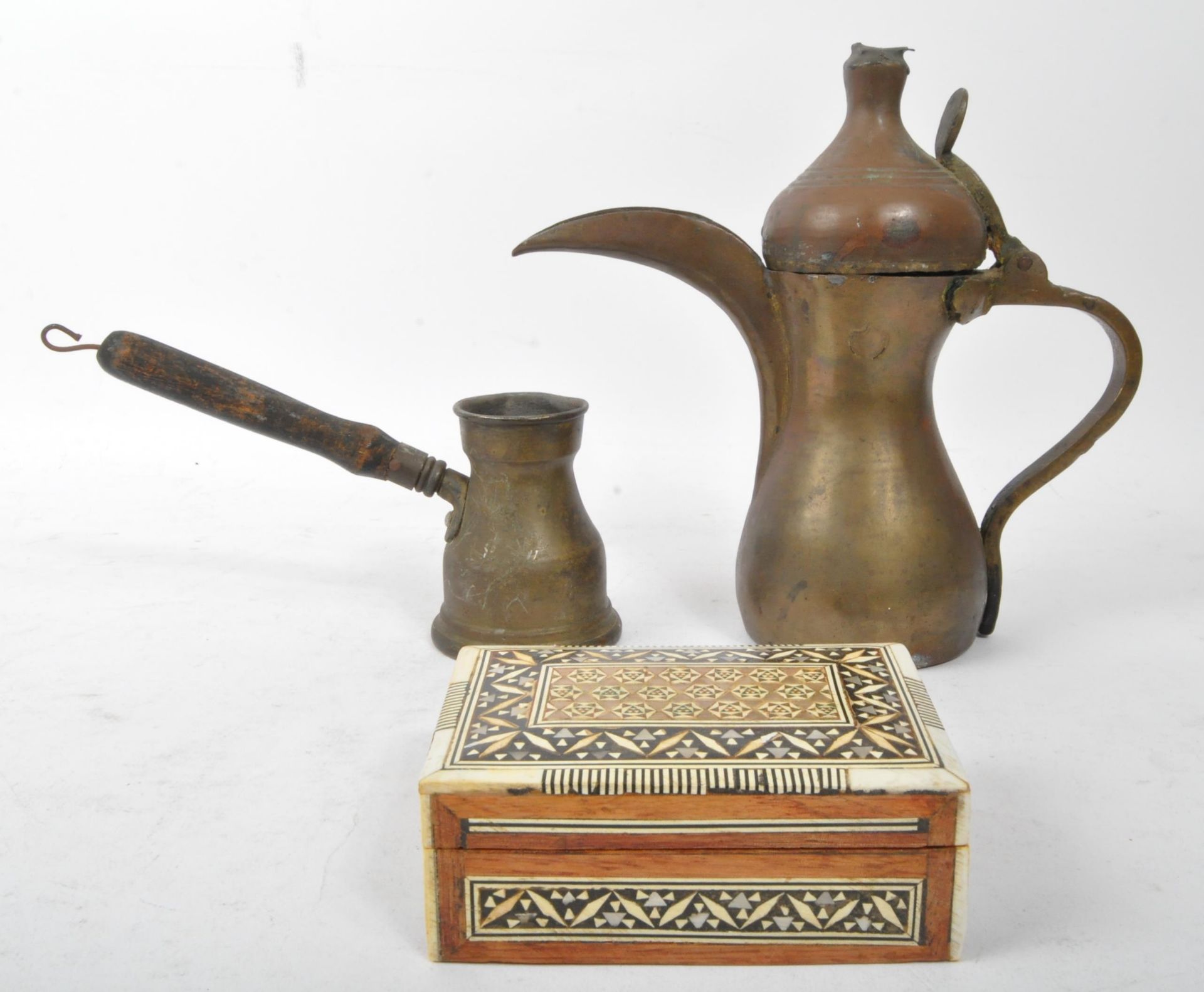 19TH CENTURY MOROCCAN COFFEE POTS & KHATAM BOX