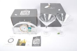 NOS WATERFORD CRYSTAL GLASS MANTEL CLOCK & MARTINI GLASSES