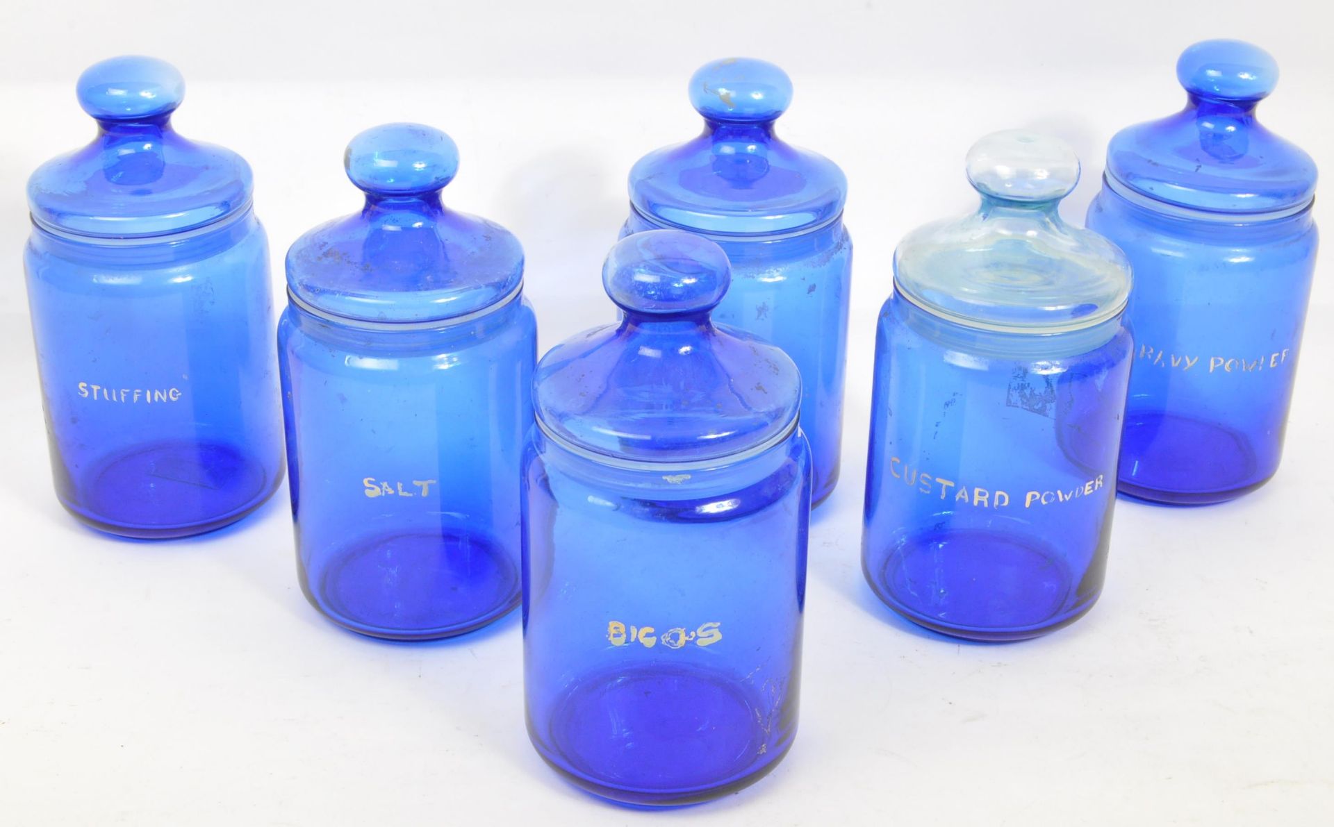 COLLECTION OF SIX FRENCH BLUE GLASS LIDDED JARS - Image 2 of 5