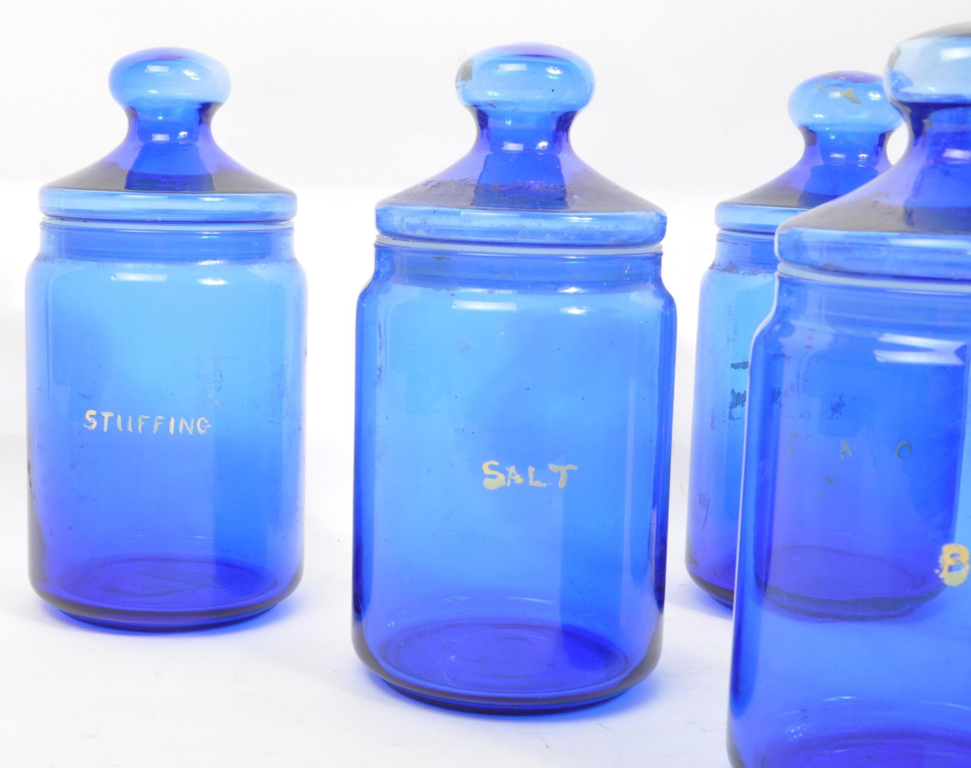 COLLECTION OF SIX FRENCH BLUE GLASS LIDDED JARS - Image 3 of 5