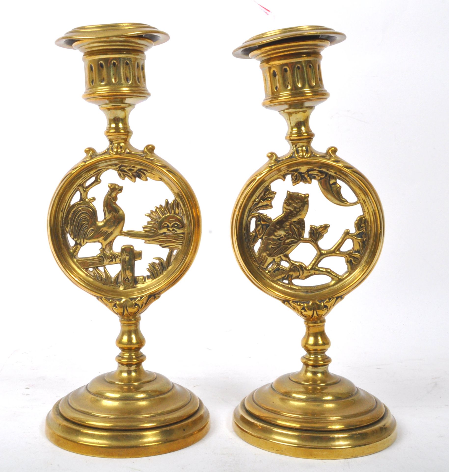 PAIR OF VICTORIAN BRASS DAY & NIGHT CANDLESTICK HOLDERS