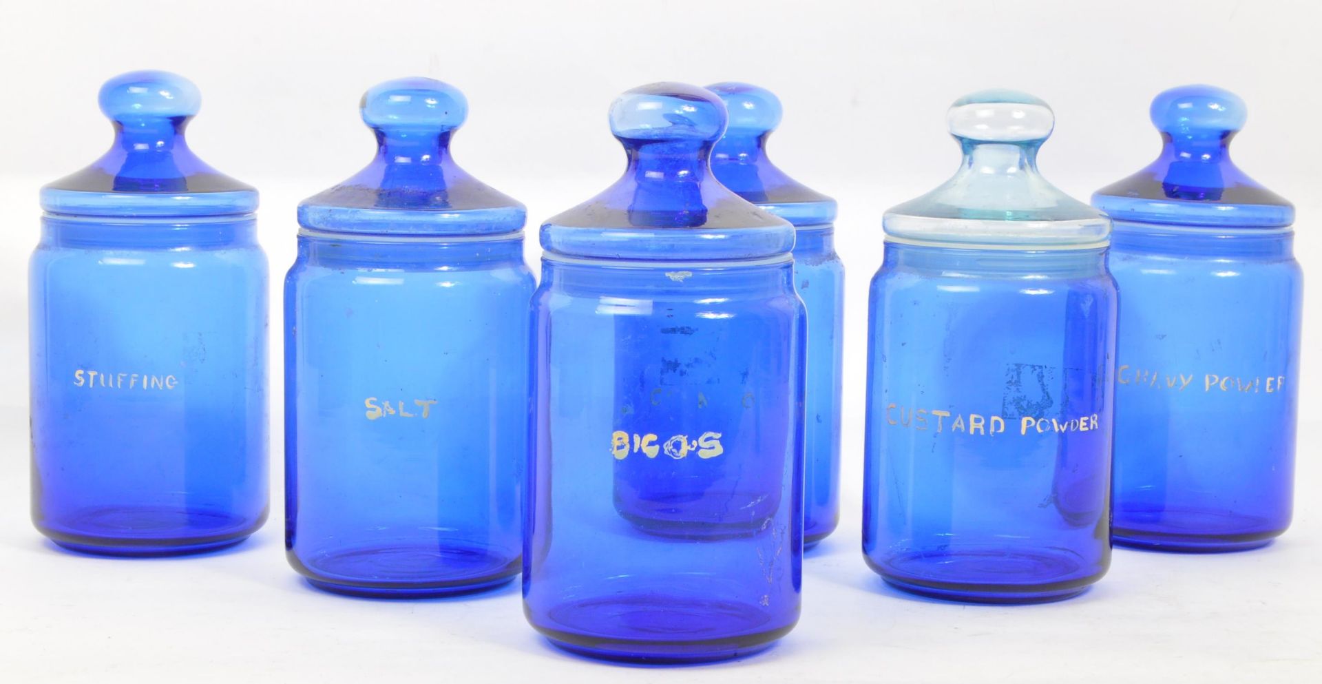 COLLECTION OF SIX FRENCH BLUE GLASS LIDDED JARS