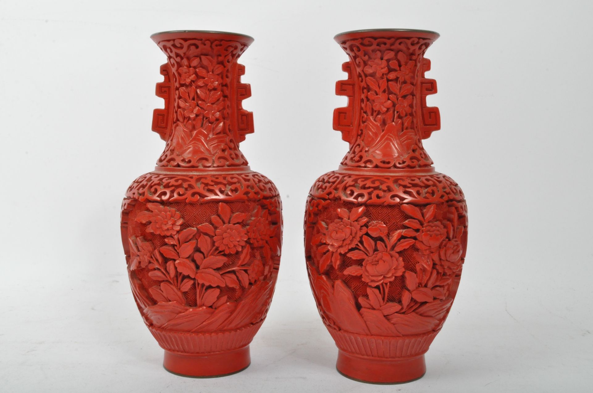 PAIR OF CHINESE RED CINNABAR CARVED VASES