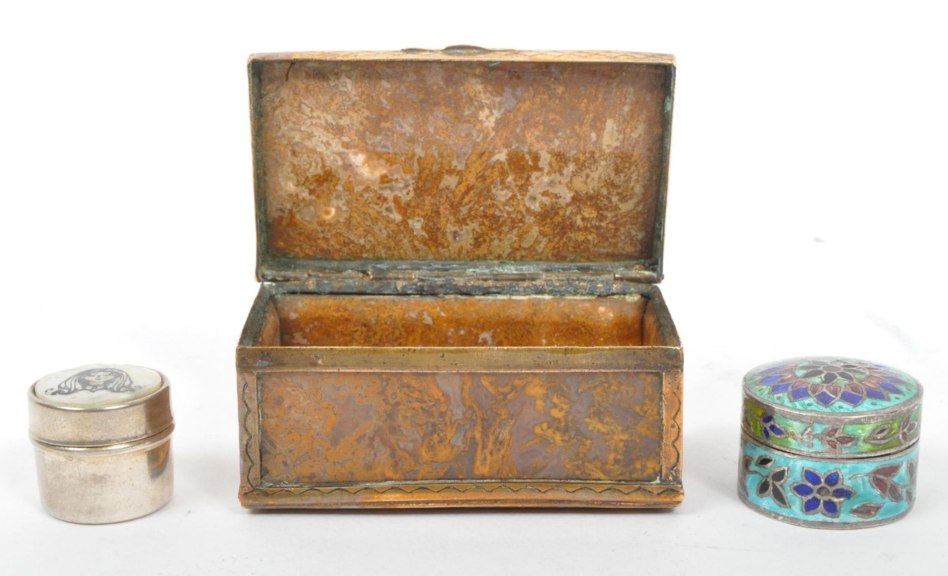 THREE ENAMELLED & POLISH STONE TRINKET MINIATURE BOXES