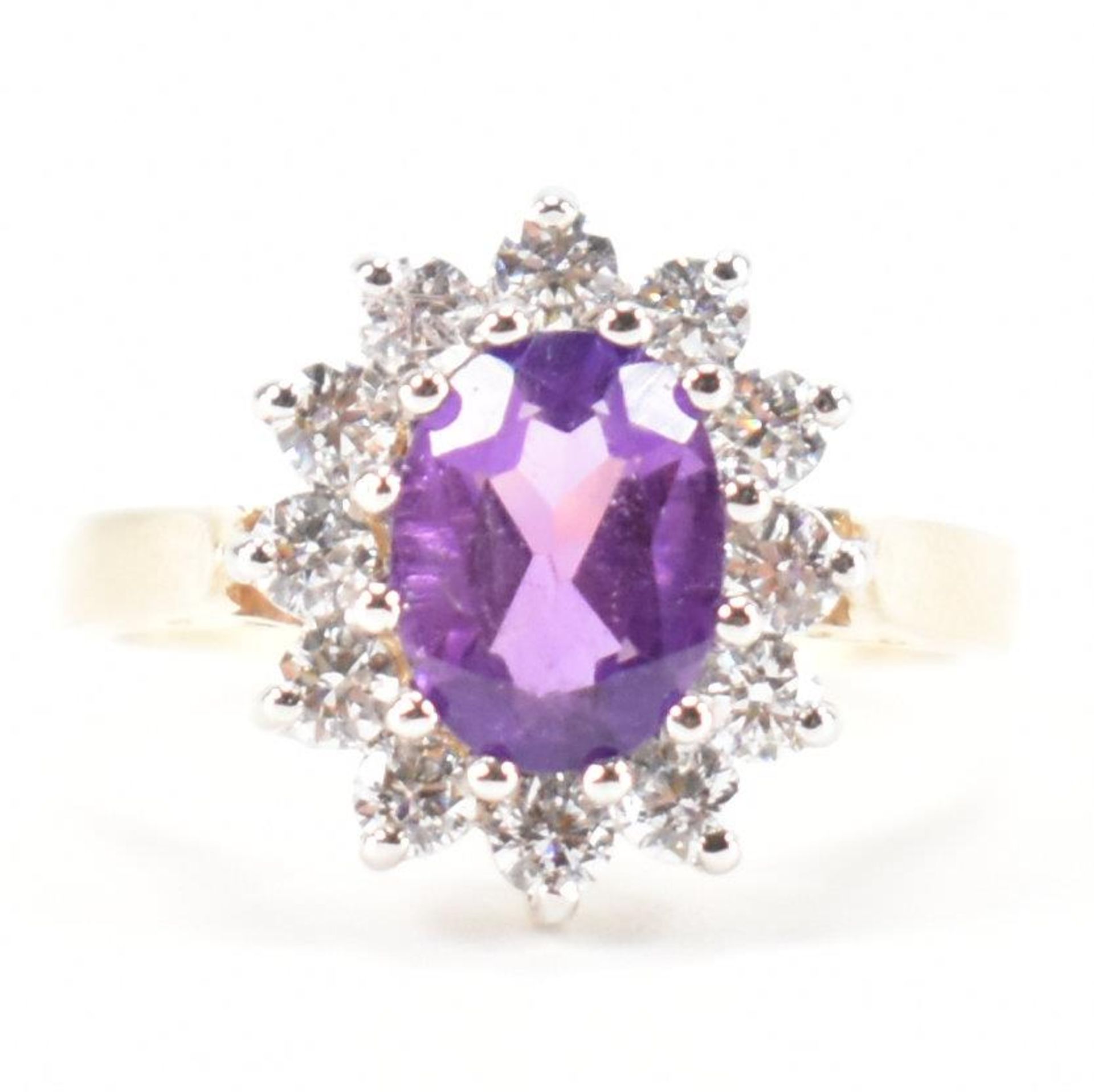 HALLMARKED 9CT GOLD AMETHYST & CZ CLUSTER RING