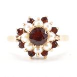 HALLMARKED 9CT GOLD PEARL & RED STONE CLUSTER RING