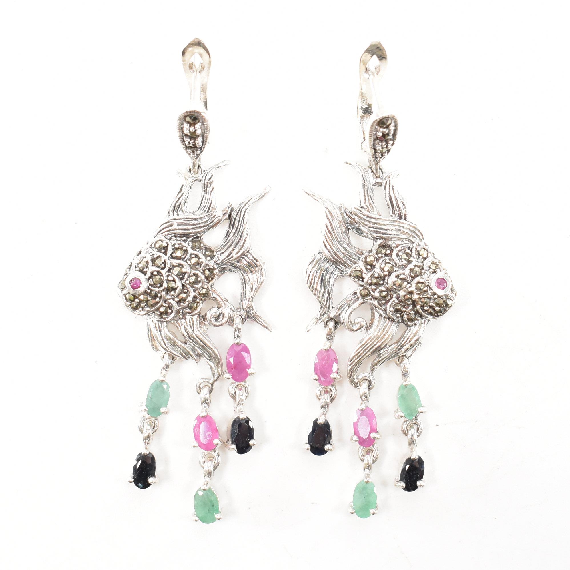 PAIR OF 925 SILVER MARCASITE RUBY EMERALD & SAPPHIRE DROP EARRINGS