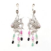 PAIR OF 925 SILVER MARCASITE RUBY EMERALD & SAPPHIRE DROP EARRINGS