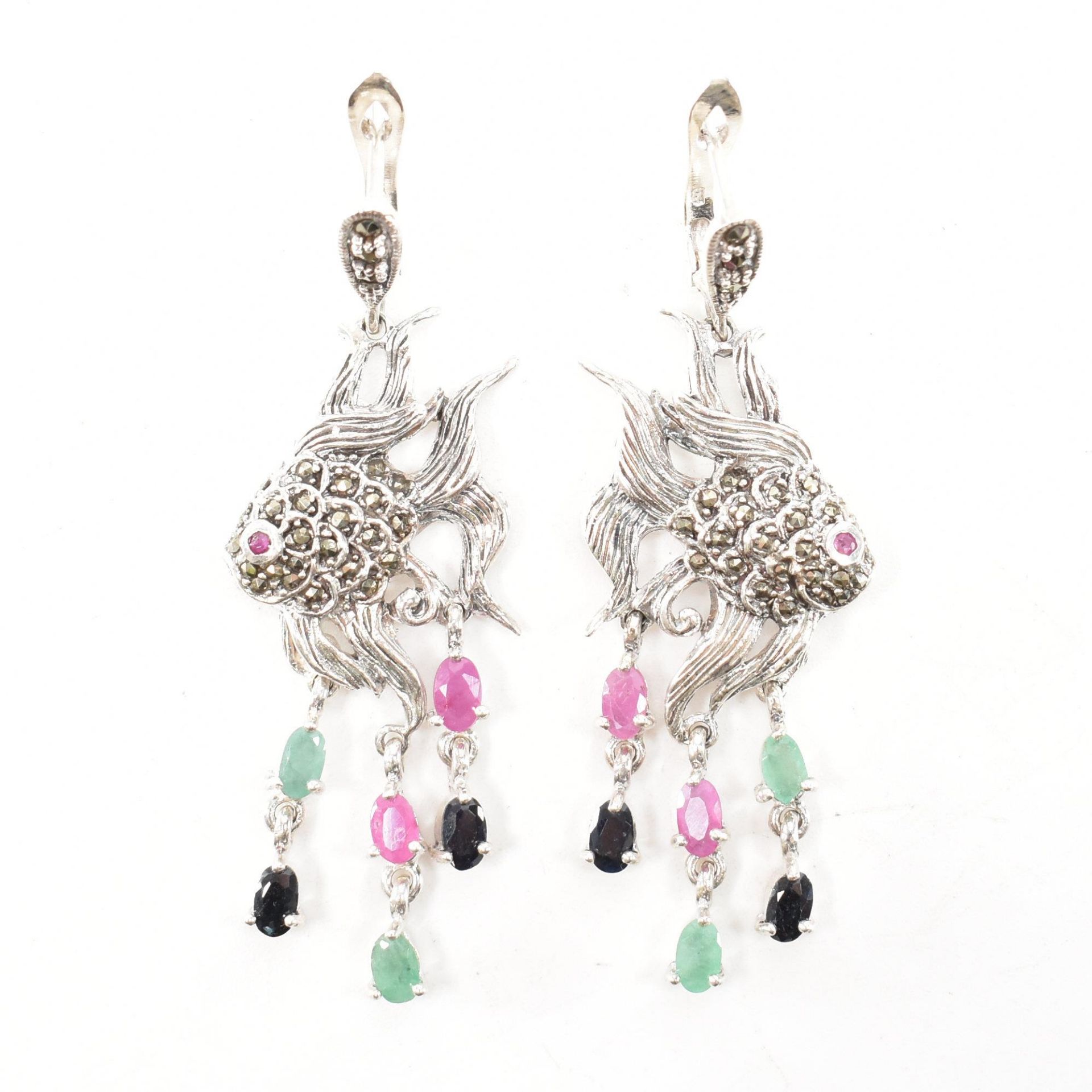 PAIR OF 925 SILVER MARCASITE RUBY EMERALD & SAPPHIRE DROP EARRINGS