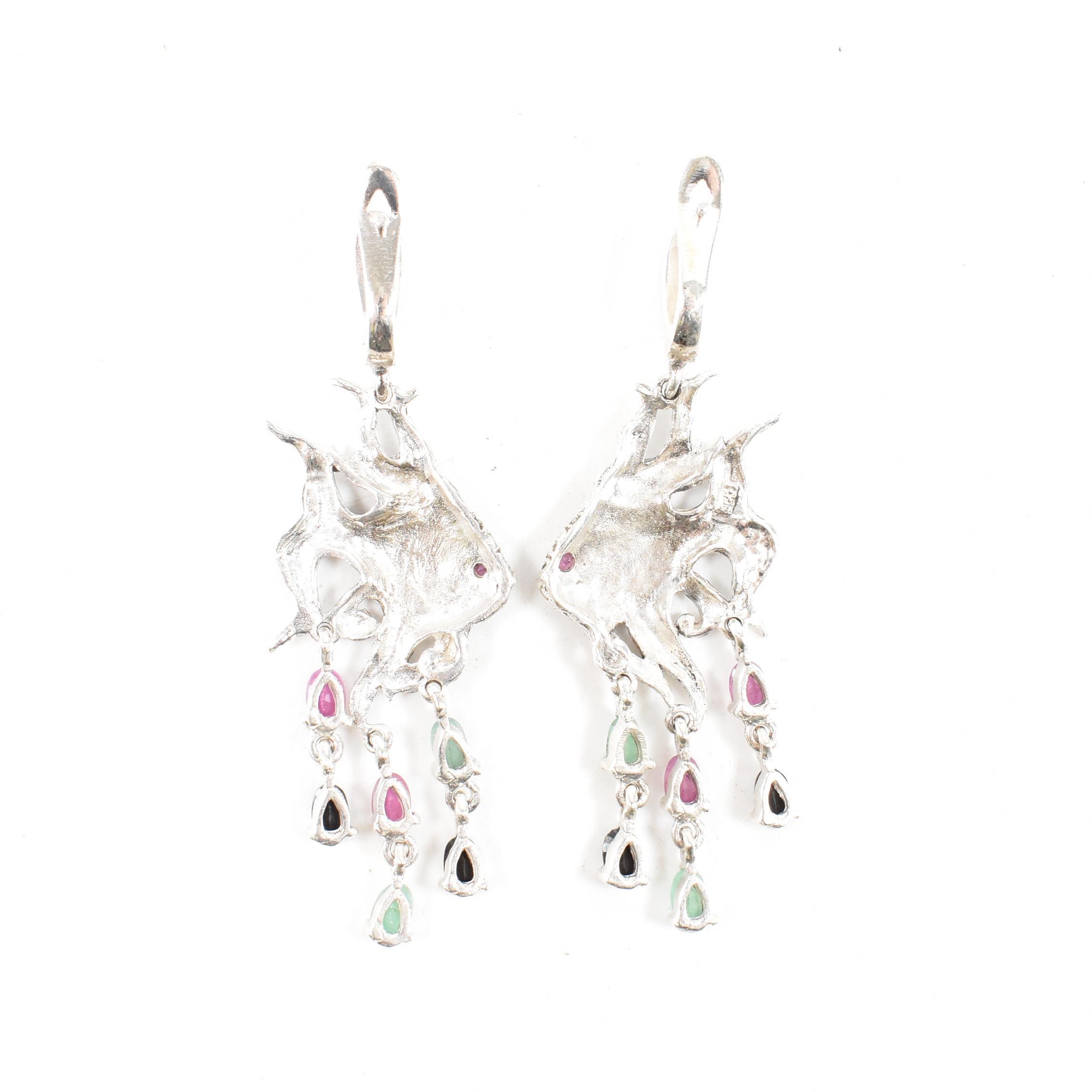 PAIR OF 925 SILVER MARCASITE RUBY EMERALD & SAPPHIRE DROP EARRINGS - Image 2 of 3